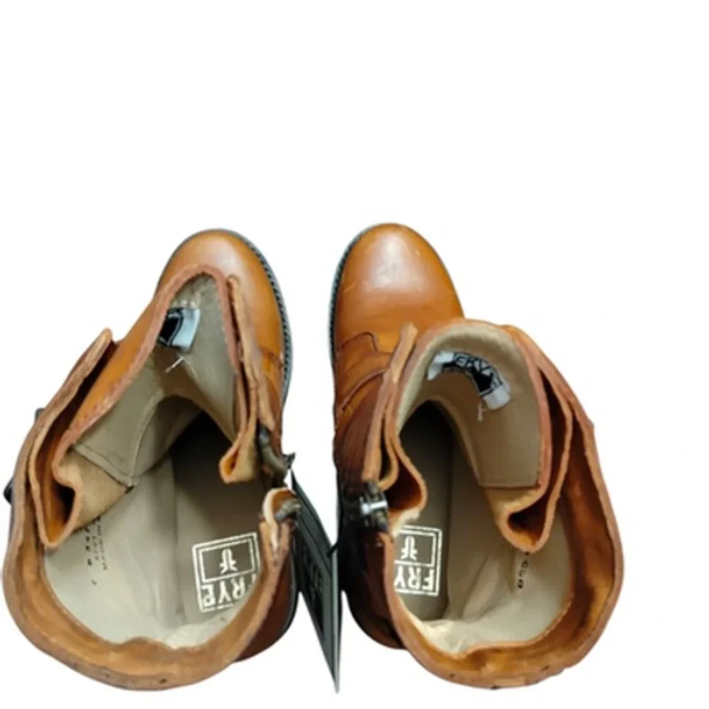 Frye Veronica Tanker Boots Women's 7M Cognac Moto‎ Combat Leather Strappy Belted - Picture 9 of 12